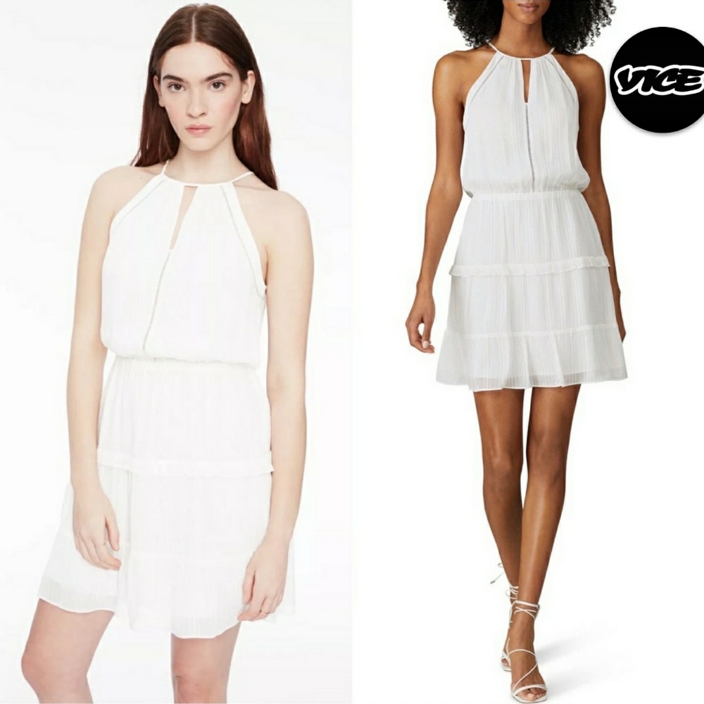 PARKER Bruna Blouson Mini Dress Ruffle Lattice Halter Tiered Crinkle Crepe M